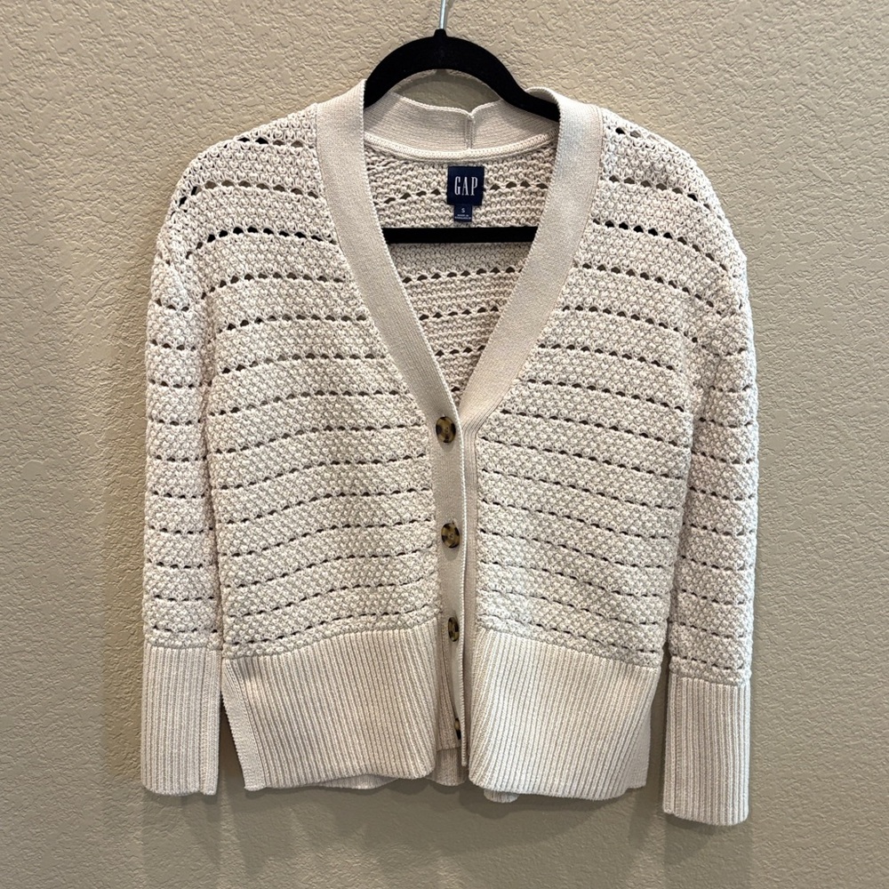 GAP Cream Open-Knit Button Front Cardigan